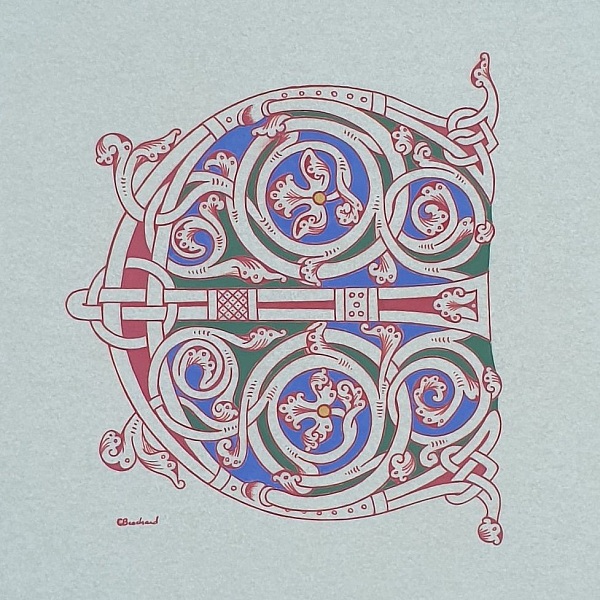 Lettre E enlumin&eacute;e style roman