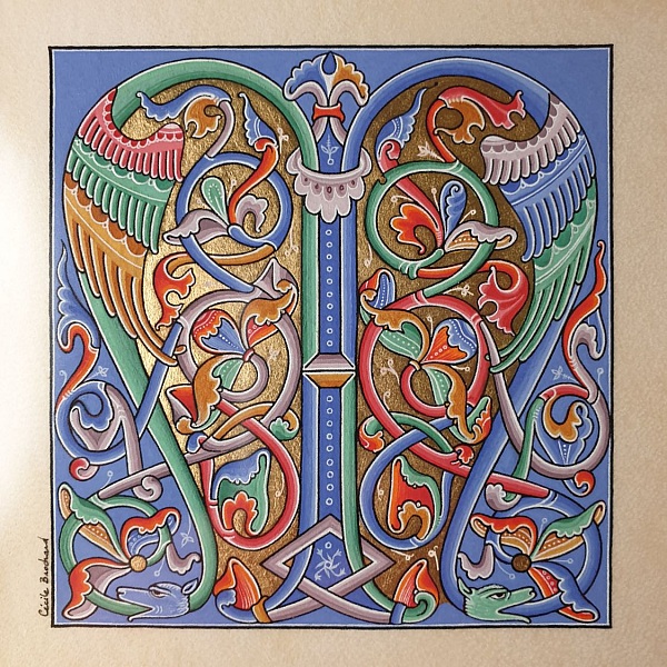 Romansk illuminert bokstav M innrammet