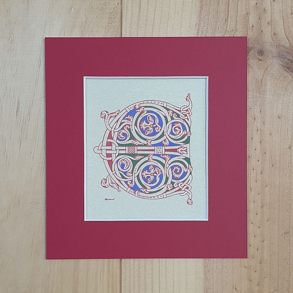 Lettre E enlumin&eacute;e style roman