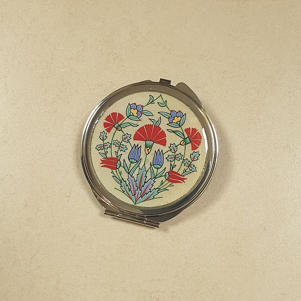 Miroir de sac enluminure fleurs orientales sur parchemin